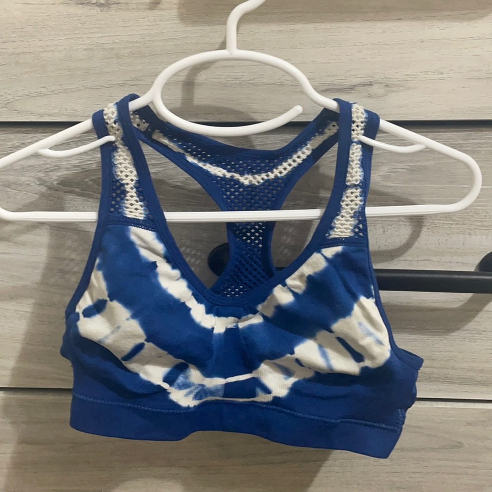 blue and white tie dye sports bra